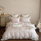 Satin Bedding Set Ruffled Trim & Floral Embroidery
