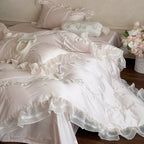 Satin Bedding Set Ruffled Trim & Floral Embroidery