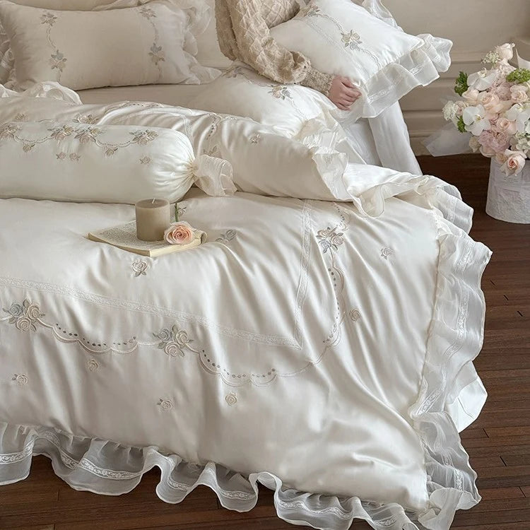 Satin Bedding Set Ruffled Trim & Floral Embroidery
