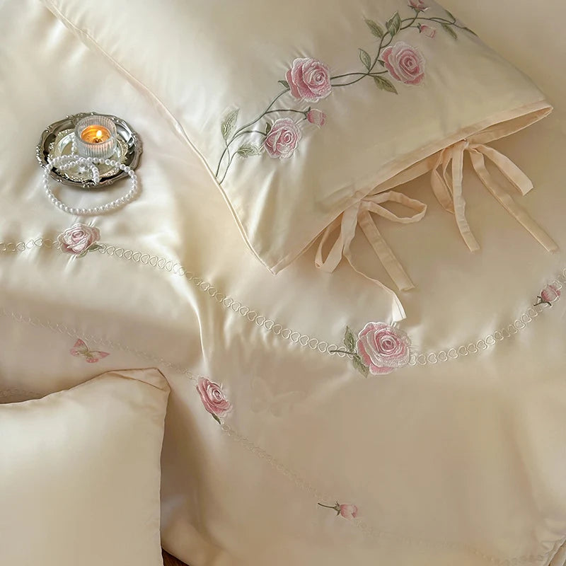 Satin Bedding Set Silk-Soft Embroidered Rose Vine