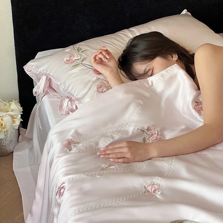 Satin Bedding Set Silk-Soft Embroidered Rose Vine