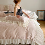 Satin Bedding Set Silky Damask & Ruffled Edges