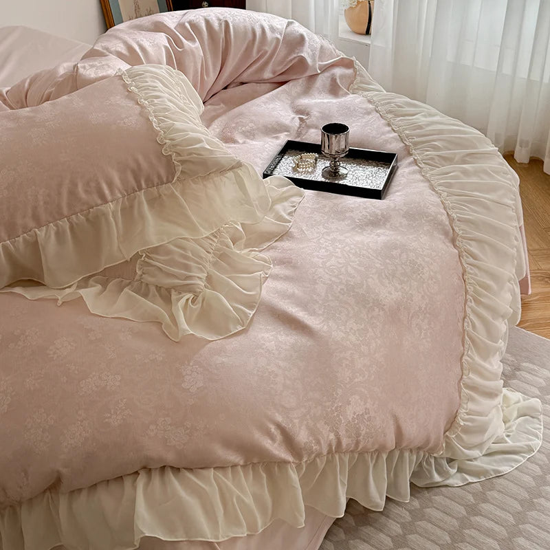 Satin Bedding Set Silky Damask & Ruffled Edges