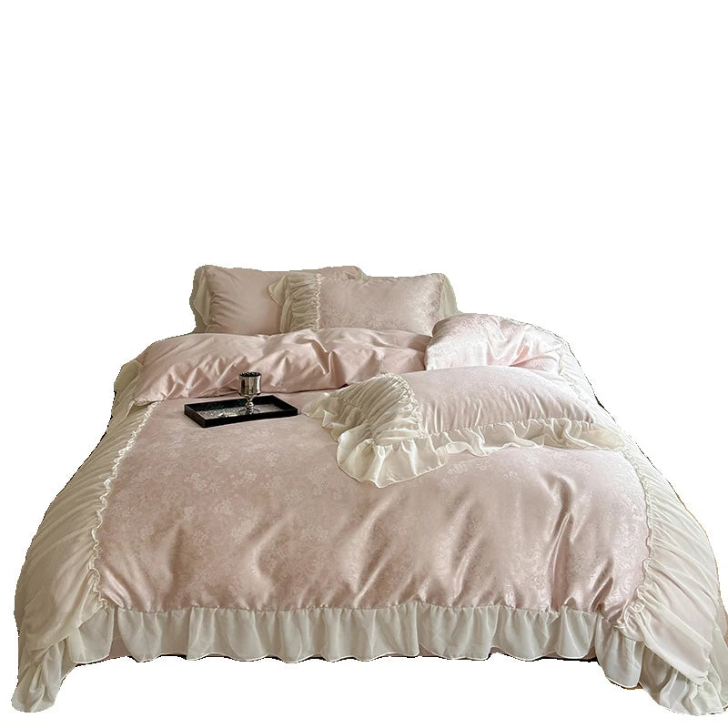 Satin Bedding Set Silky Damask & Ruffled Edges