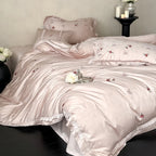 Satin Bedding Set Silky Floral Embroidery Ruffle Trim 4-Piece