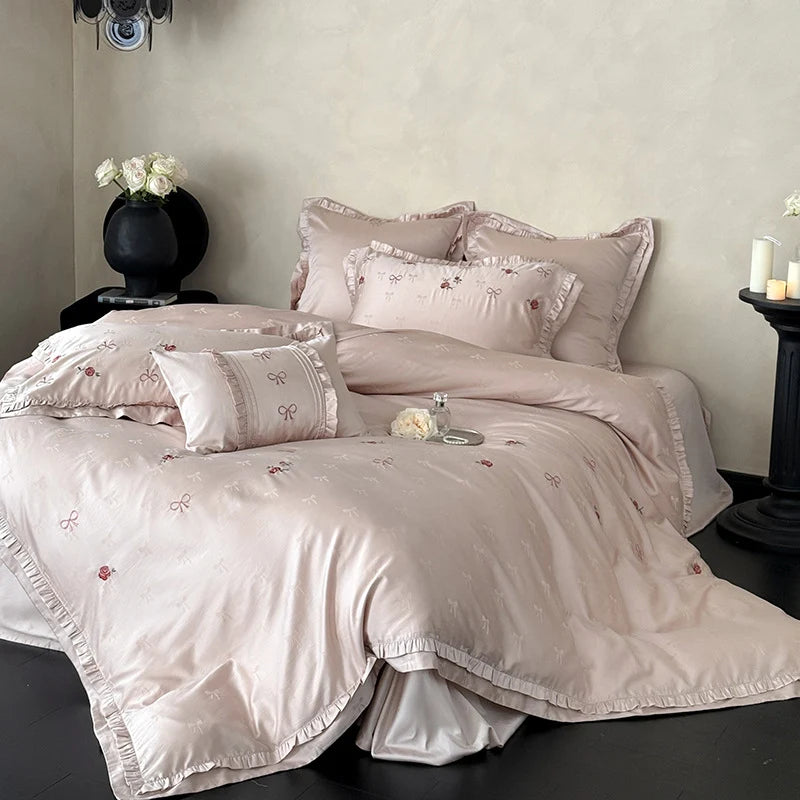 Satin Bedding Set Silky Floral Embroidery Ruffle Trim 4-Piece