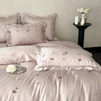 Satin Bedding Set Silky Floral Embroidery Ruffle Trim 4-Piece