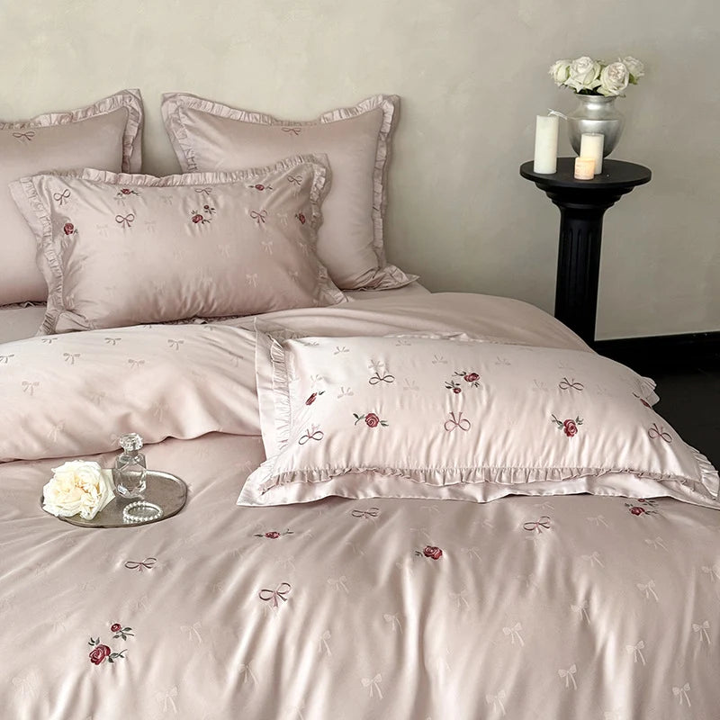 Satin Bedding Set Silky Floral Embroidery Ruffle Trim 4-Piece