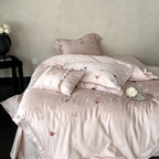 Satin Bedding Set Silky Floral Embroidery Ruffle Trim 4-Piece