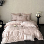 Satin Bedding Set Silky Floral Embroidery Ruffle Trim 4-Piece