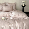 Satin Bedding Set Silky Floral Embroidery Ruffle Trim 4-Piece