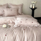 Satin Bedding Set Silky Floral Embroidery Ruffle Trim 4-Piece