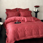 Satin Bedding Set Silky Floral Embroidery Ruffle Trim 4-Piece