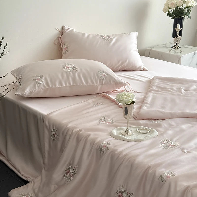 Satin Bedding Set Silky-Gloss Rose Embroidery