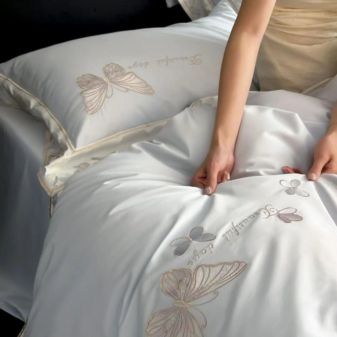 Satin Bedding Set Silky Matte Breathable Butterfly Embroidery