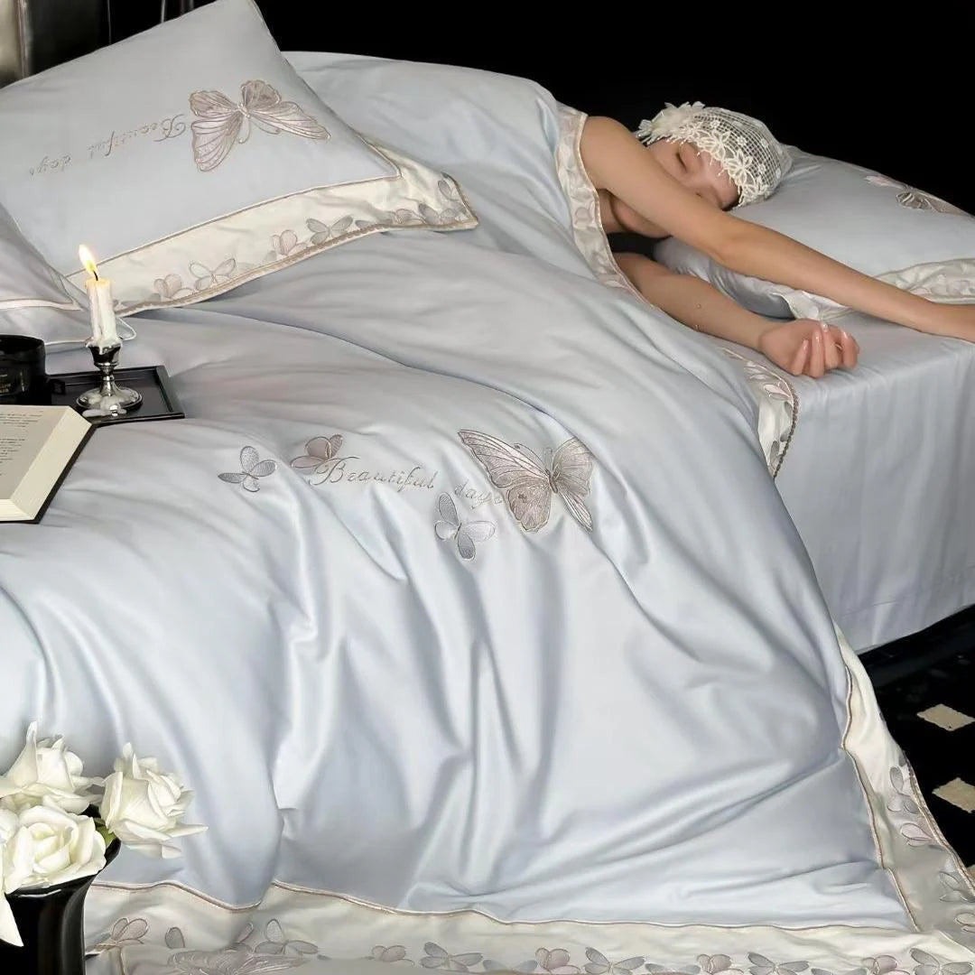 Satin Bedding Set Silky Matte Breathable Butterfly Embroidery