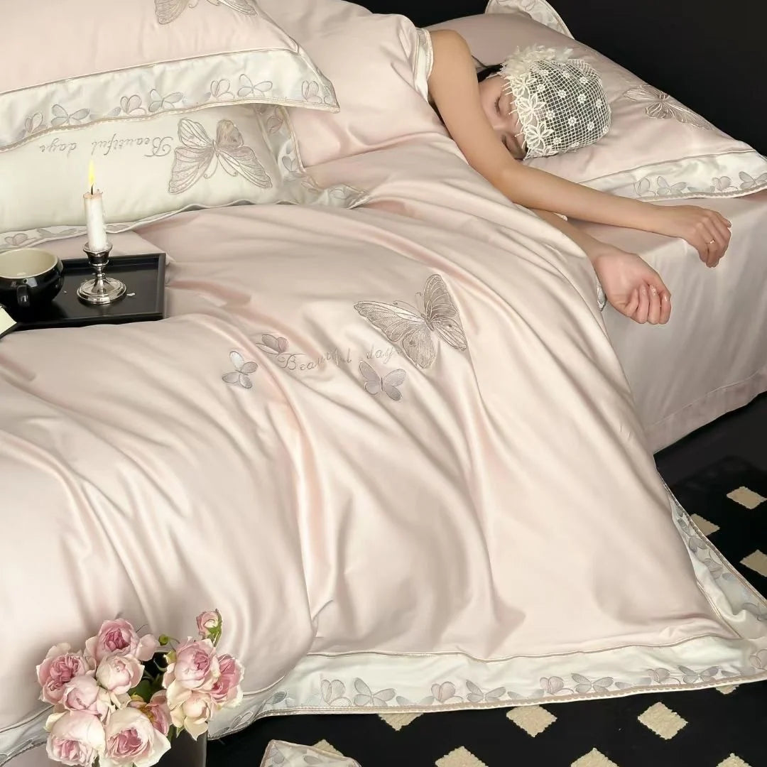 Satin Bedding Set Silky Matte Breathable Butterfly Embroidery