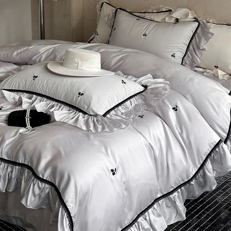 Satin Bedding Set Silky Ruffled Trim 4-Piece