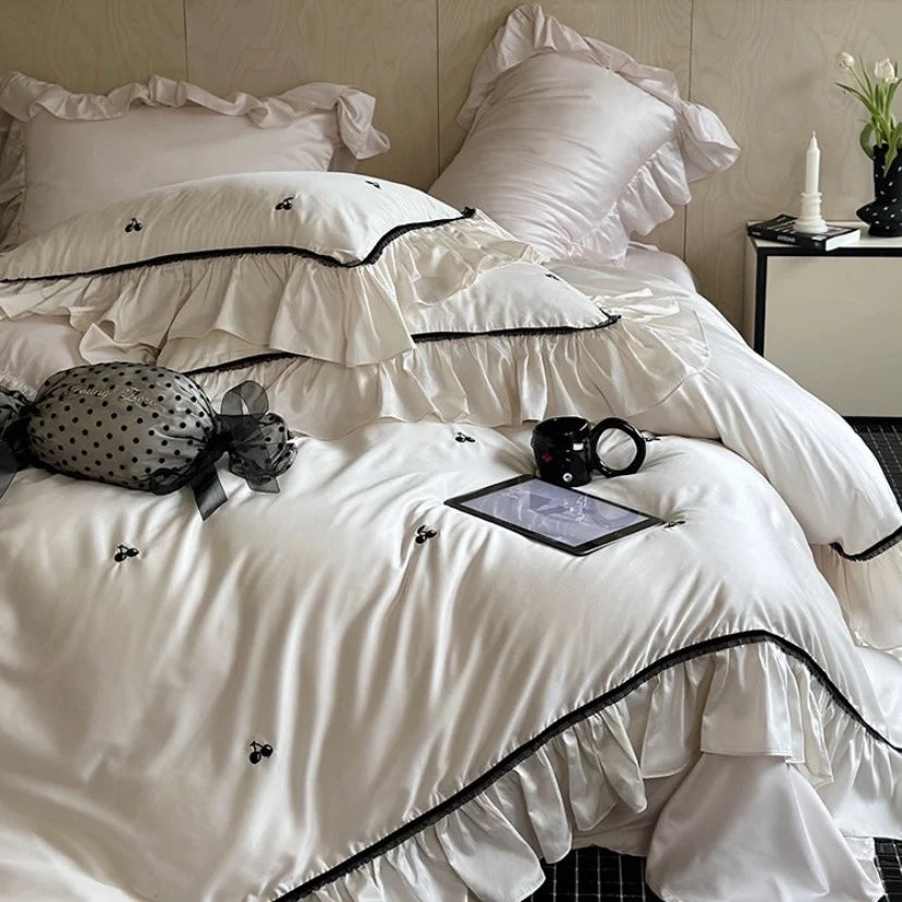 Satin Bedding Set Silky Ruffled Trim 4-Piece