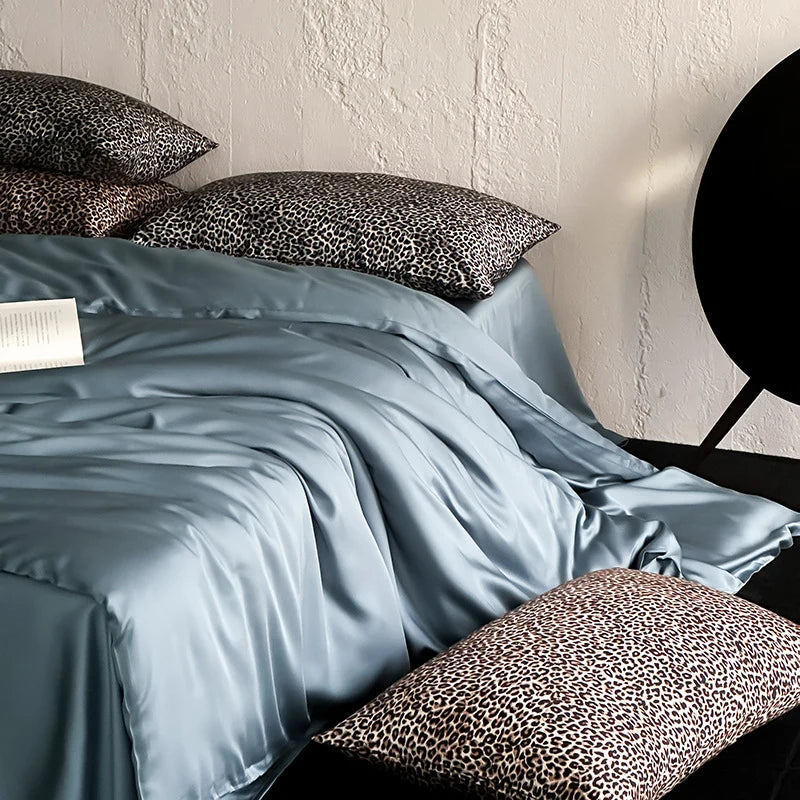 Satin Bedding Set Silky Sheen & Animal Print Pillowcases