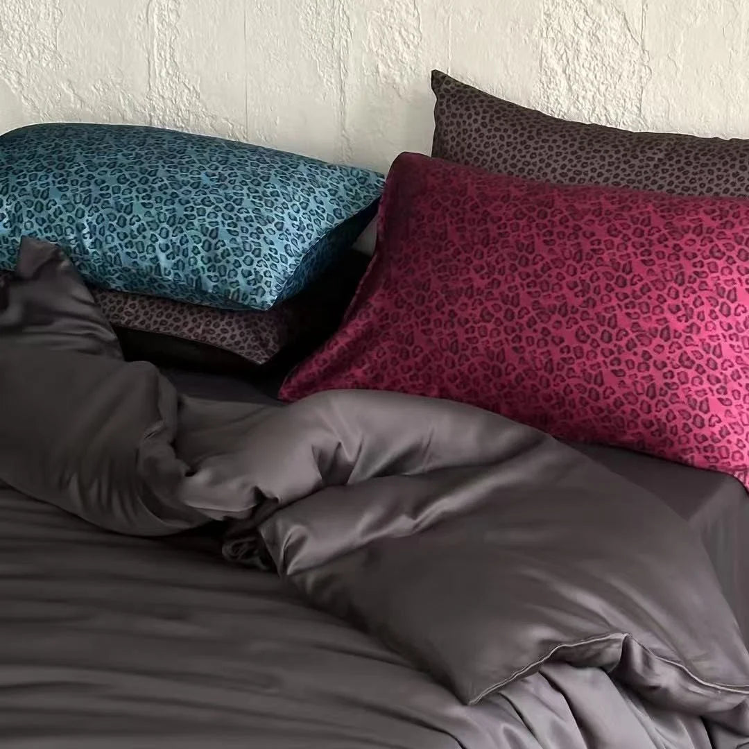 Satin Bedding Set Silky Sheen & Animal Print Pillowcases
