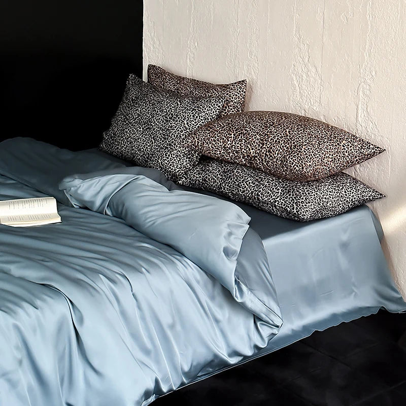 Satin Bedding Set Silky Sheen & Animal Print Pillowcases