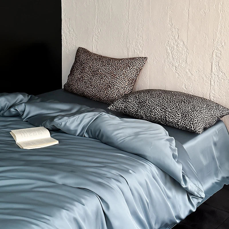 Satin Bedding Set Silky Sheen & Animal Print Pillowcases