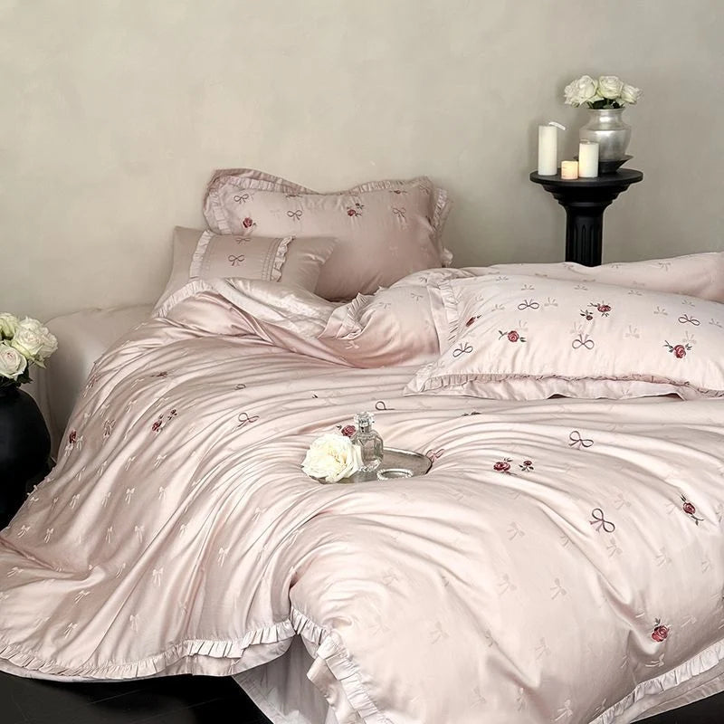 Satin Bedding Set Silky Sheen Floral Embroidery 4-Piece