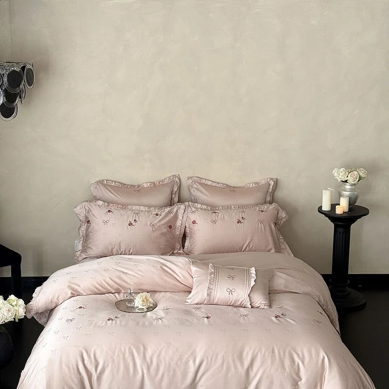Satin Bedding Set Silky Sheen Floral Embroidery 4-Piece