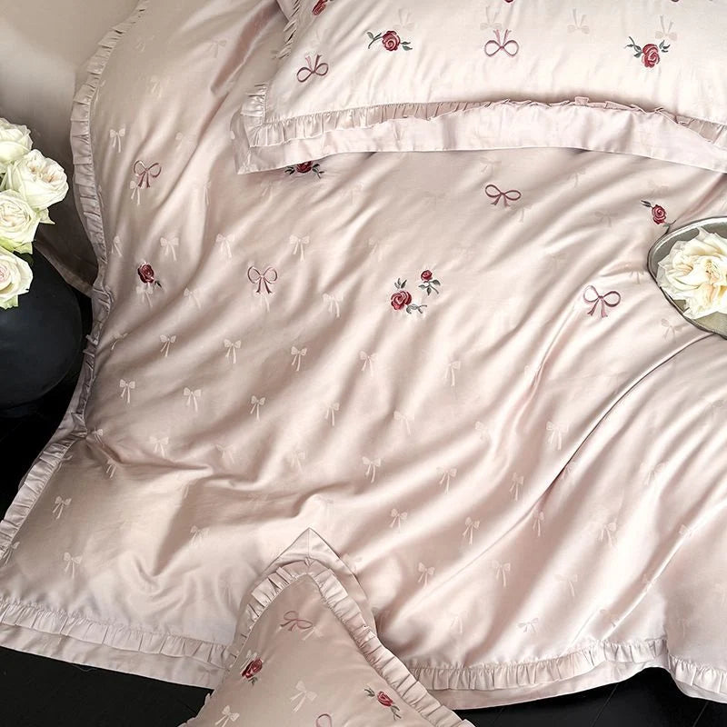 Satin Bedding Set Silky Sheen Floral Embroidery 4-Piece