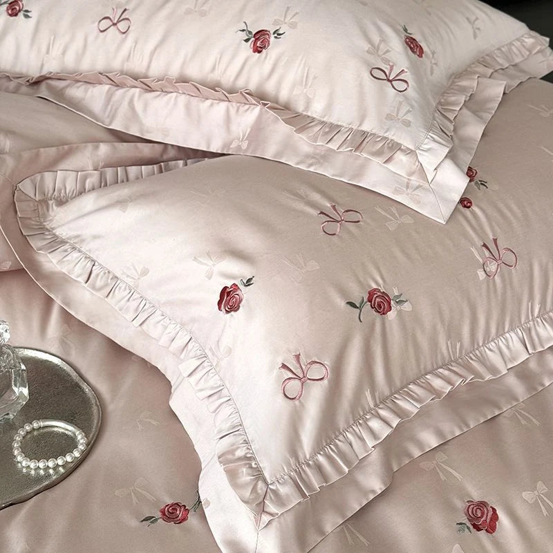 Satin Bedding Set Silky Sheen Floral Embroidery 4-Piece