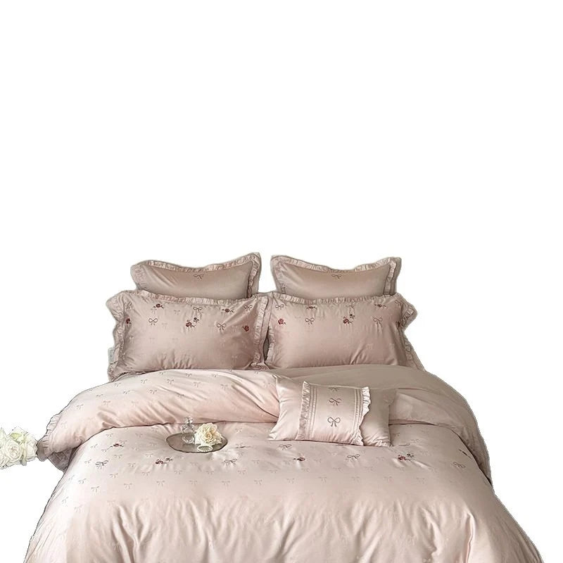 Satin Bedding Set Silky Sheen Floral Embroidery 4-Piece