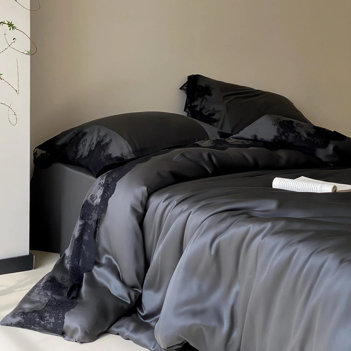 Satin Bedding Set Silky Sheen & Lace Trim Easy Care