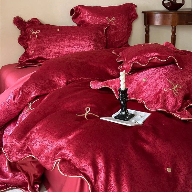 Satin Bedding Set Silky-Soft Bow Embroidery & Piping