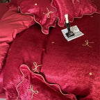 Satin Bedding Set Silky-Soft Bow Embroidery & Piping