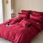 Satin Bedding Set Silky-Soft Bow Embroidery & Piping