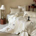 Satin Bedding Set Silky-Soft Bow Embroidery & Piping