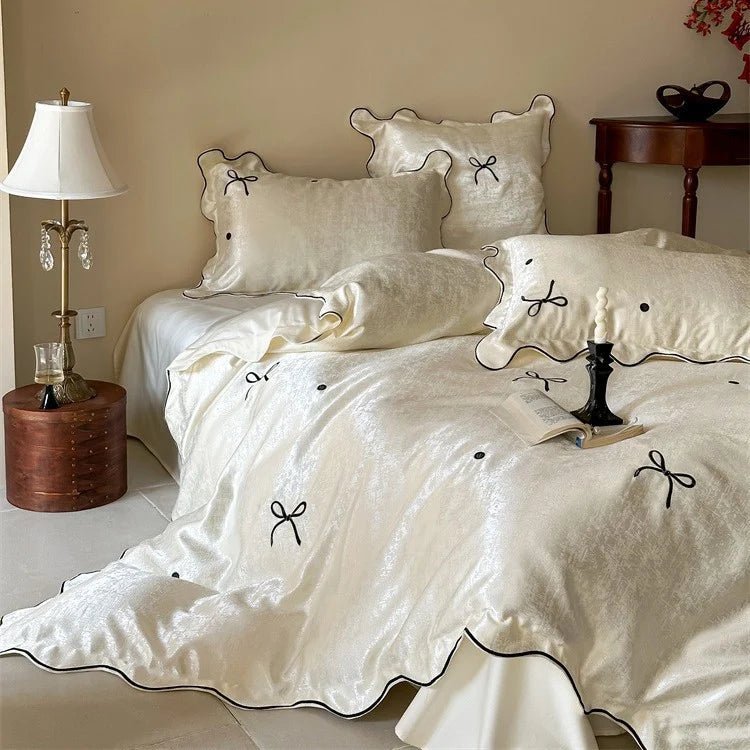 Satin Bedding Set Silky-Soft Bow Embroidery & Piping