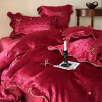 Satin Bedding Set Silky-Soft Bow Embroidery & Piping