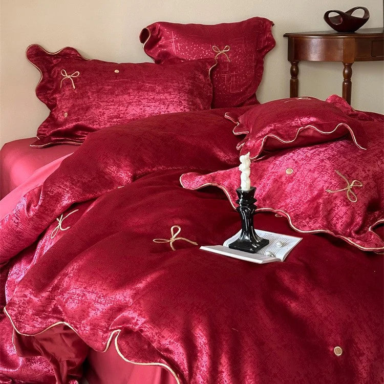 Satin Bedding Set Silky-Soft Bow Embroidery & Piping