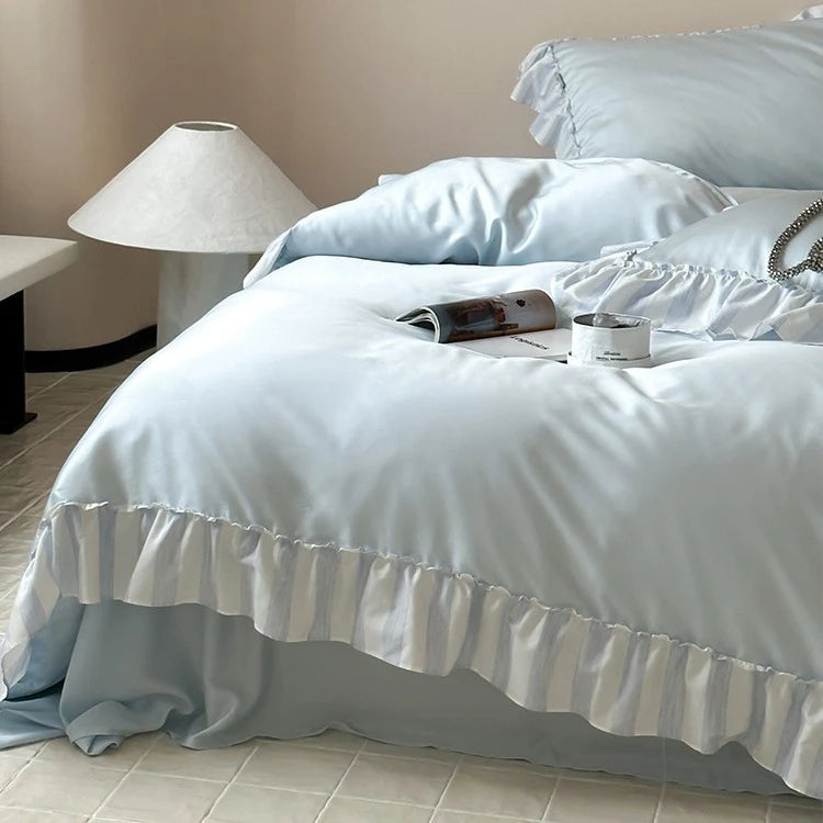 Satin Bedding Set Tencel Blend Silky Ruffle Trim