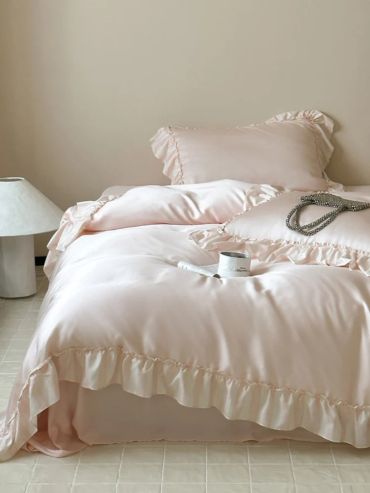 Satin Bedding Set Tencel Blend Silky Ruffle Trim