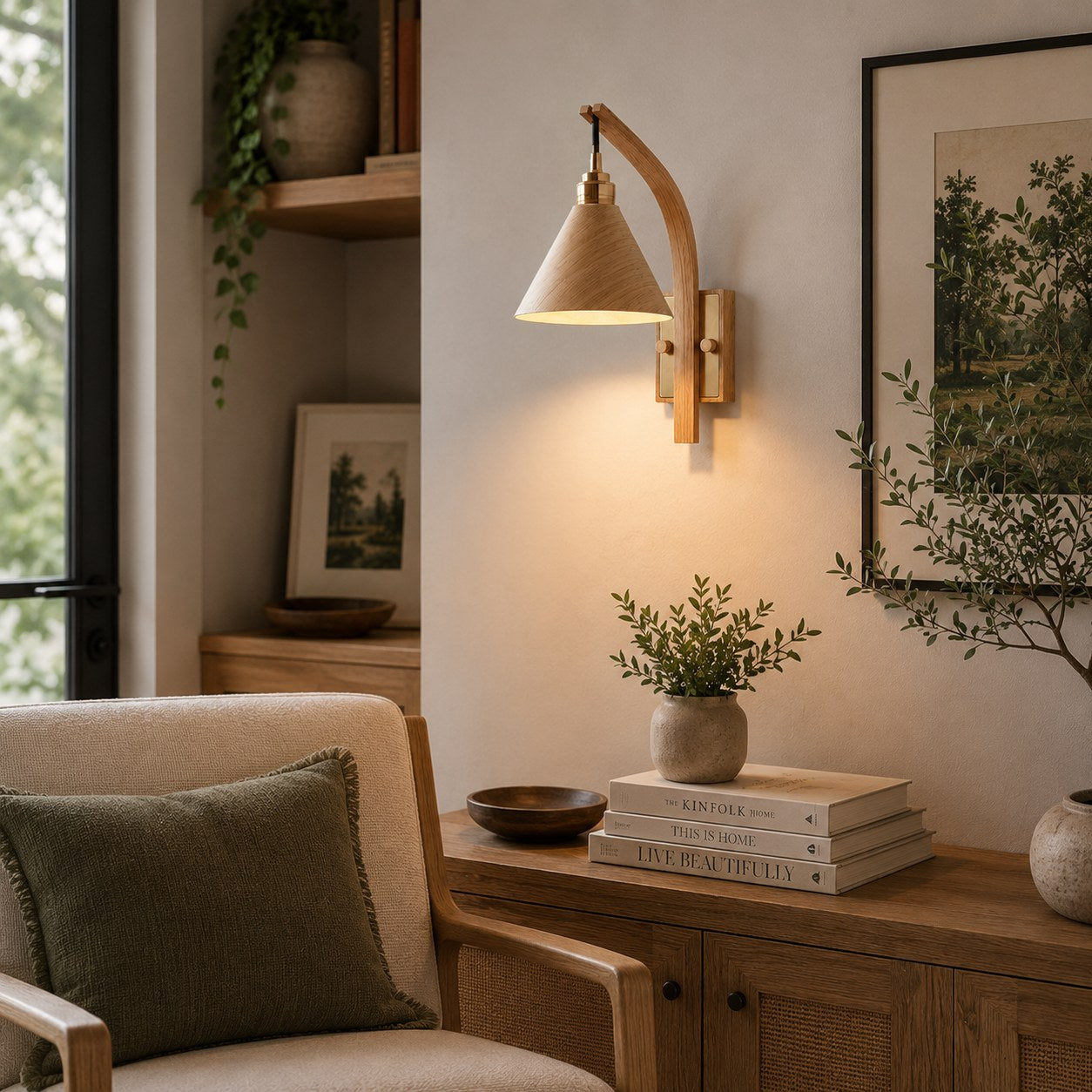 Scandinavian Wooden Arm & Brass Backplate Wall Sconce (LED Compatible)