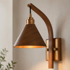 Scandinavian Wooden Arm & Brass Backplate Wall Sconce (LED Compatible)