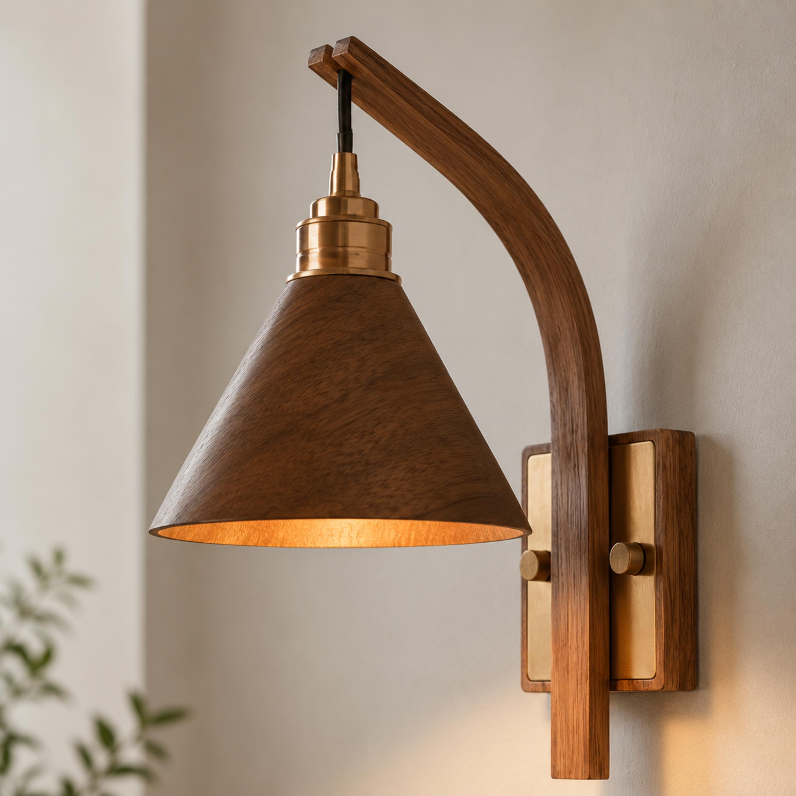 Scandinavian Wooden Arm & Brass Backplate Wall Sconce (LED Compatible)