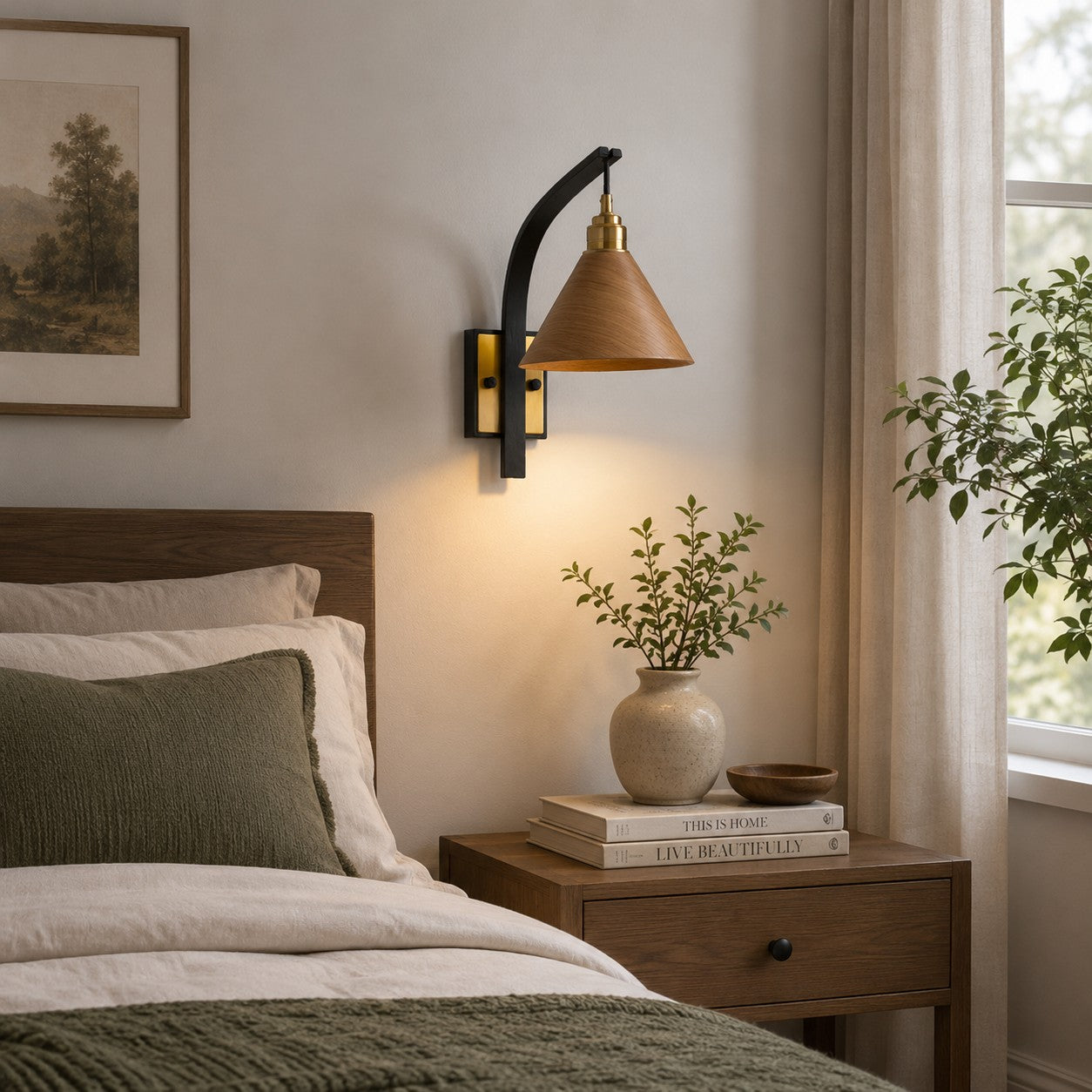 Scandinavian Wooden Arm & Brass Backplate Wall Sconce (LED Compatible)