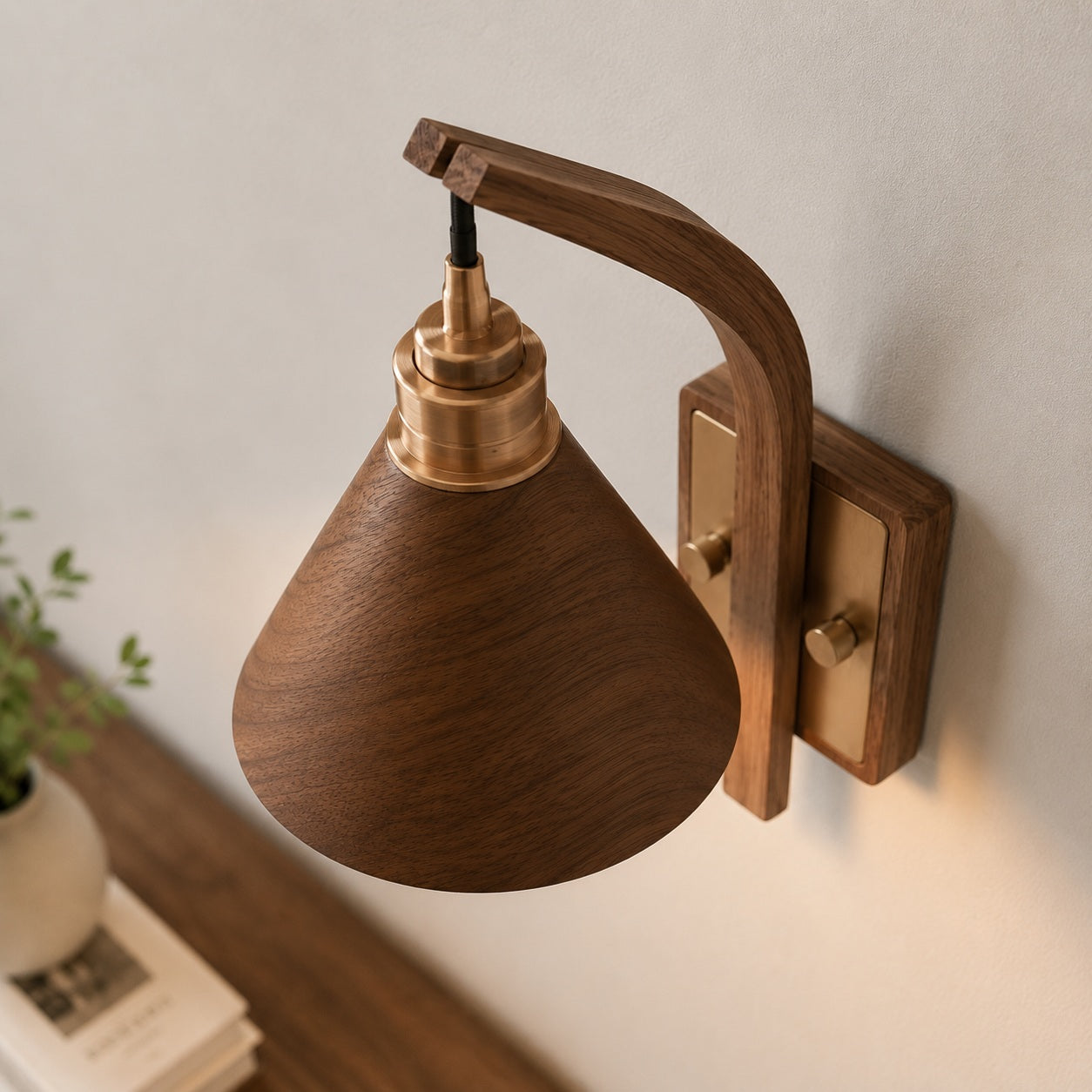 Scandinavian Wooden Arm & Brass Backplate Wall Sconce (LED Compatible)