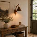 Scandinavian Wooden Arm & Brass Backplate Wall Sconce (LED Compatible)