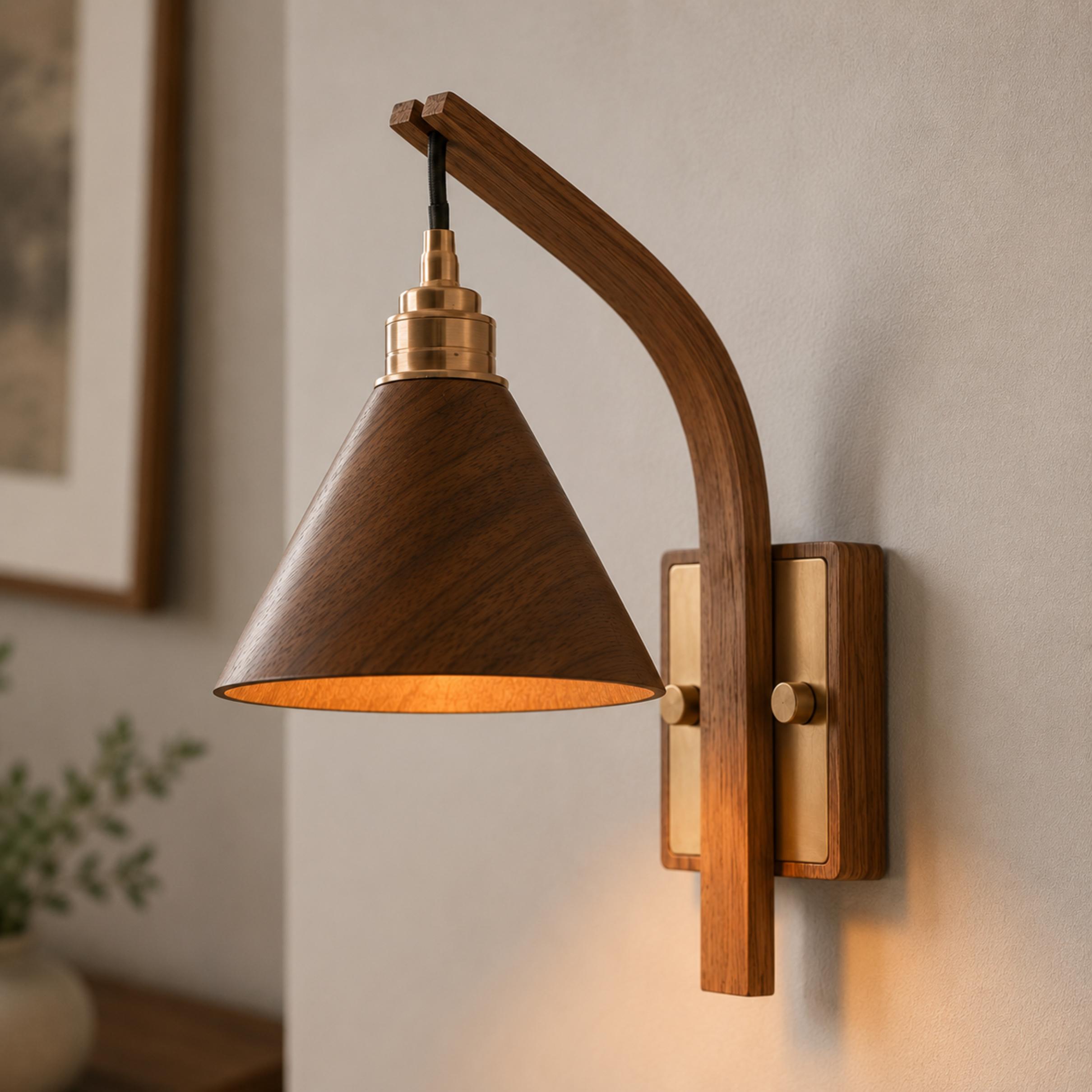 Scandinavian Wooden Arm & Brass Backplate Wall Sconce (LED Compatible)