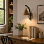 Scandinavian Wooden Arm & Brass Backplate Wall Sconce (LED Compatible)